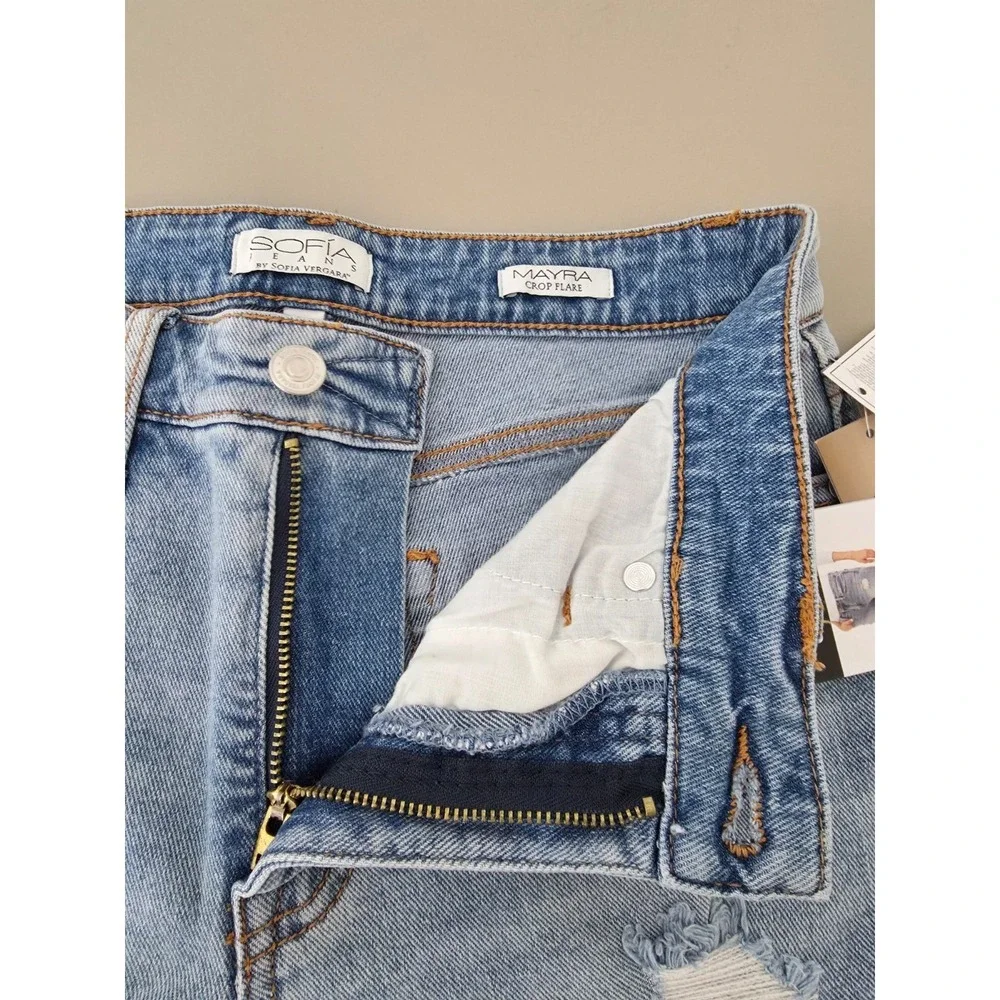 Sofia Jeans Womens 6 Blue High Rise Cropped Flare Denim Raw Hem Distressed New - Picture 12 of 16